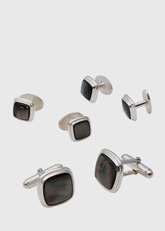 Paul Stuart Recommended | Square Smoked Mother of Pearl & Sterling Silver Stud Set